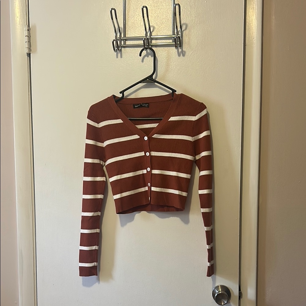 SHEIN Brown and Cream Striped Cardigan Sweater